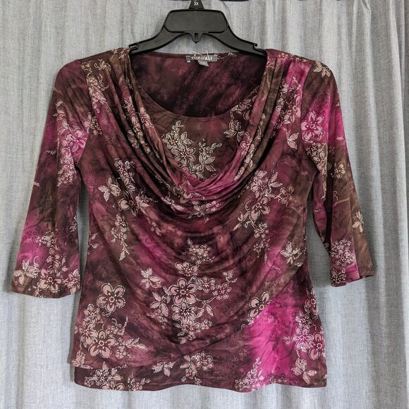 Roz & Ali Tops - Roz & Ali Floral Cowl Neck Blouse - Pink and Brown